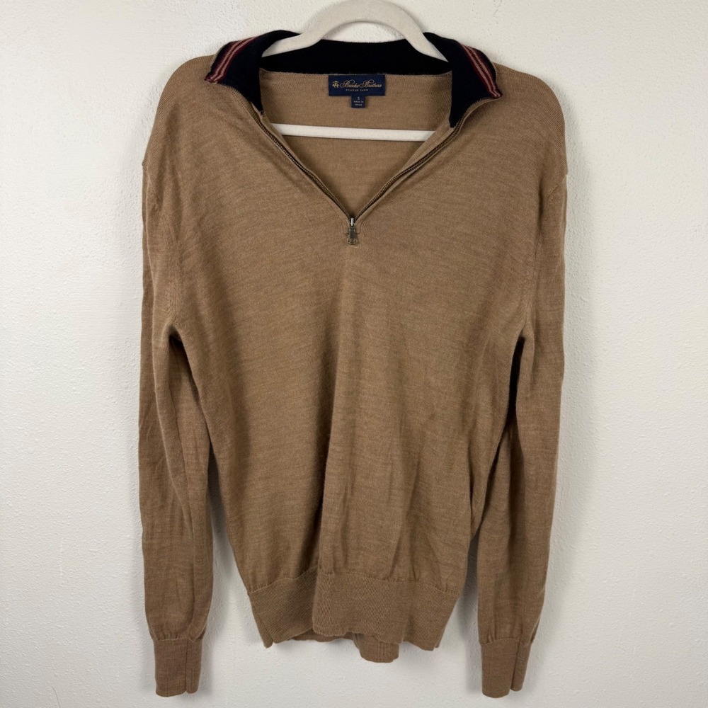 Brooks Brothers Mens Tan Italian Yarn Quarter Zip Sweater Striped Collar Small